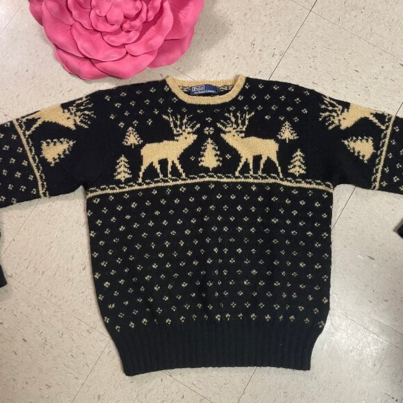 VTG POLO RALPH LAUREN Wool Hand Knit Sweater Black Fair Isle‎ Reindeer - Picture 1 of 9
